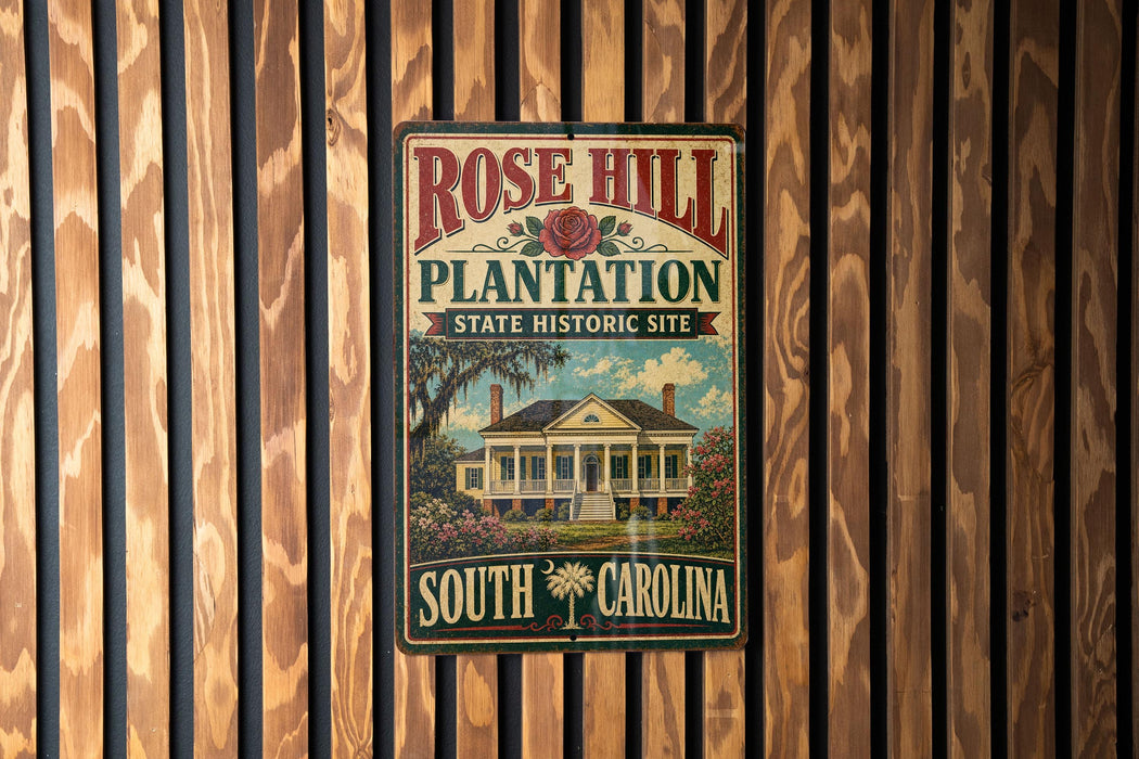 A vintage-style metal sign for Rose Hill Plantation, a historic site in South Carolina, is displayed on a wooden wall.