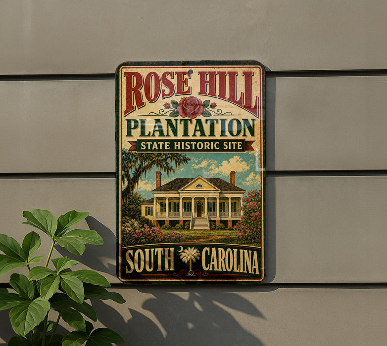 A vintage-style sign for Rose Hill Plantation, a historic site in South Carolina, featuring a large illustration of a plantation house surrounded by lush greenery.