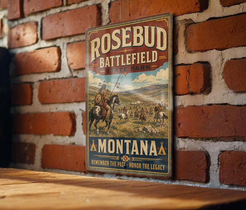 A vintage-style metal sign with the text "ROSEBUD BATTLEFIELD STAY PARK MONTANA" is displayed on a brick wall.