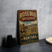 A vintage metal sign for Rosebud Battlefield State Park in Montana, featuring a painting of a Native American on horseback.