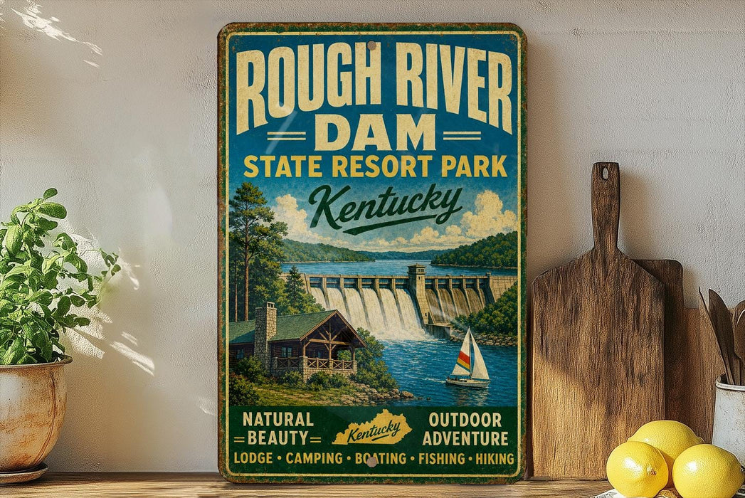 A vintage-style sign for Rough River Dam State Resort Park in Kentucky, featuring a scenic illustration of a dam, cabin, and boats.