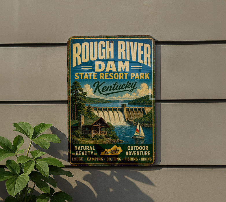 A vintage metal sign for Rough River Dam State Resort Park in Kentucky, featuring a scenic illustration of a dam, cabin, and sailboat.