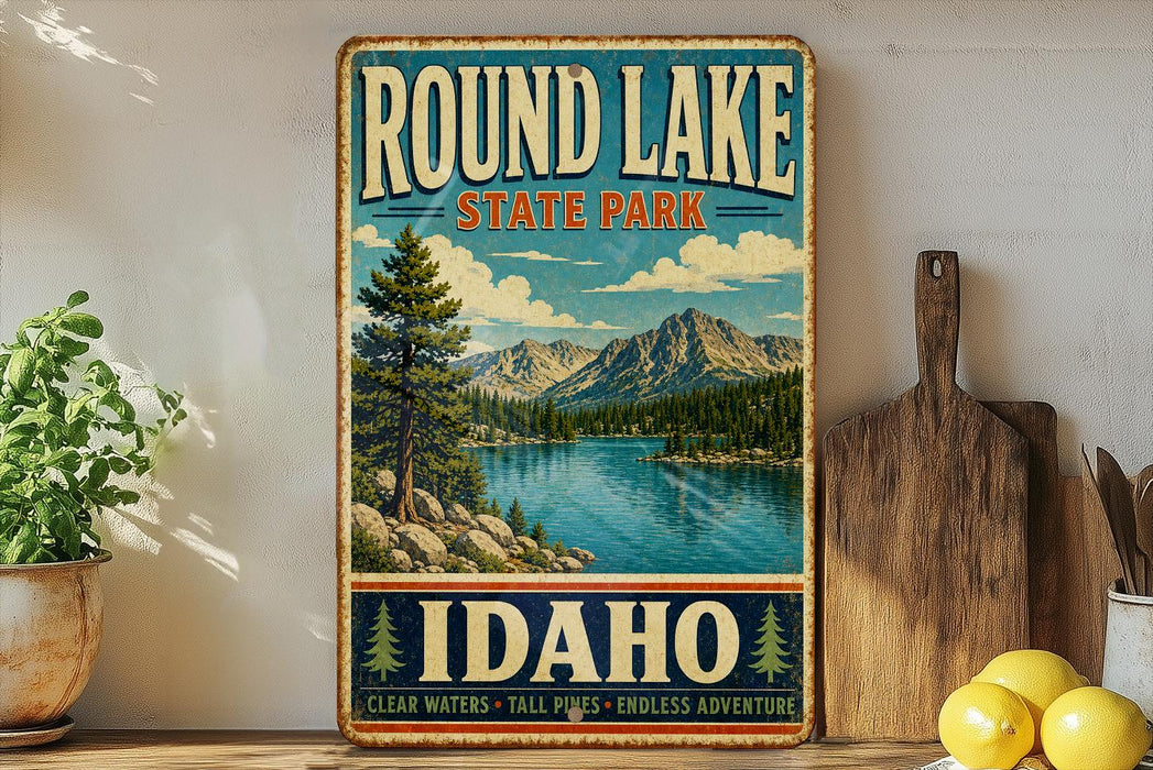 A vintage-style sign for Round Lake State Park in Idaho, featuring a scenic mountain landscape with a lake and pine trees.