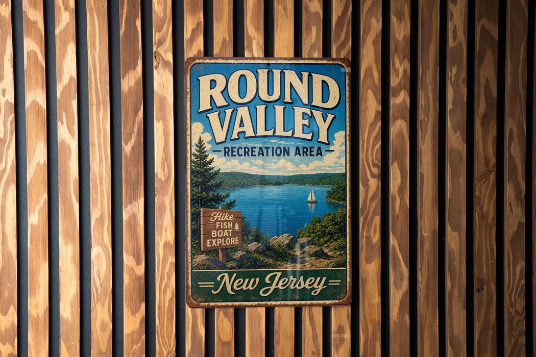 A vintage metal sign for the Round Valley Recreation Area in New Jersey, featuring a scenic image of a lake and mountains.