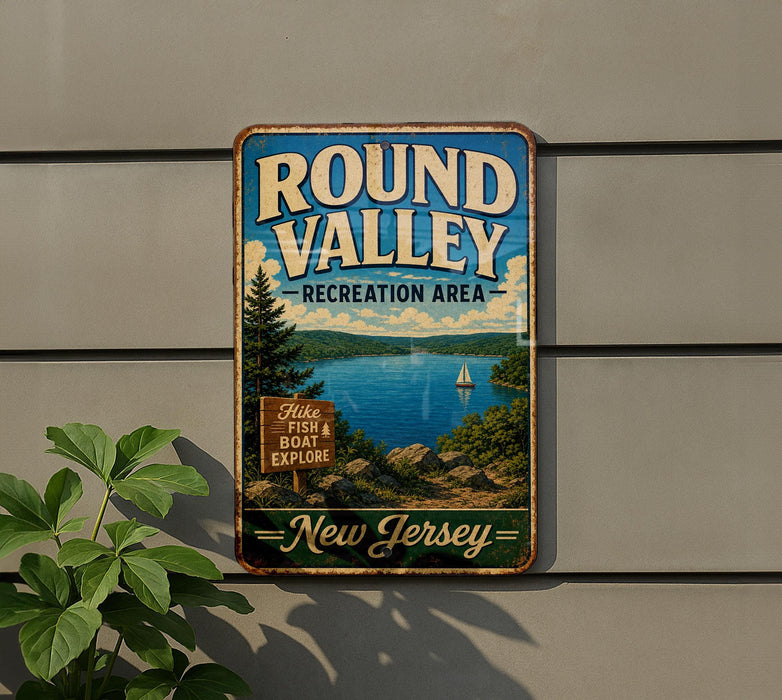 A vintage metal sign for the Round Valley Recreation Area in New Jersey, featuring a scenic image of a lake and mountains.