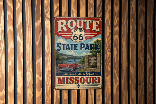A vintage-style metal sign for Route 66 State Park in Missouri, featuring a red car and a scenic landscape.