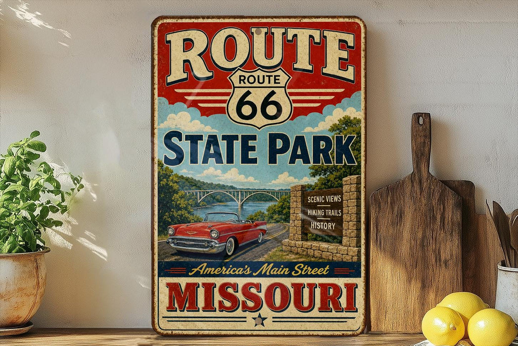 A vintage-style metal sign for Route 66 State Park in Missouri, featuring a red convertible car and scenic landscape.