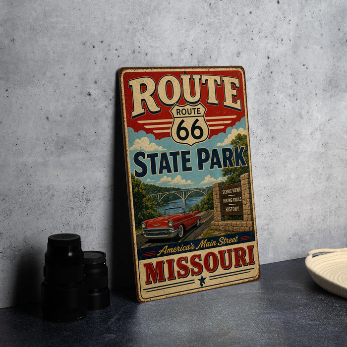 A vintage Route 66 sign for Route 66 State Park in Missouri, featuring a red car and a scenic view of the park.