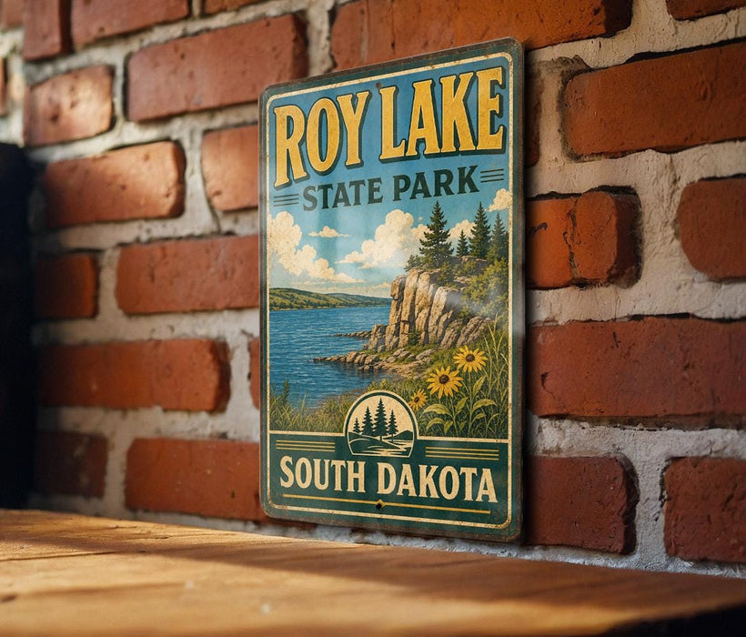 A vintage-style sign for Roy Lake State Park in South Dakota is displayed on a brick wall.