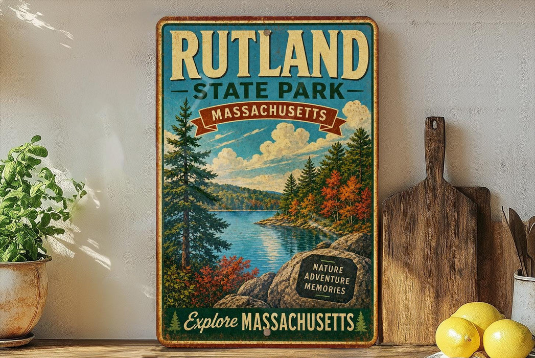 a vintage-style sign for Rutland State Park in Massachusetts, with a scenic landscape of pine trees, a lake, and mountains in the background.