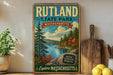 a vintage-style sign for Rutland State Park in Massachusetts, with a scenic landscape of pine trees, a lake, and mountains in the background.