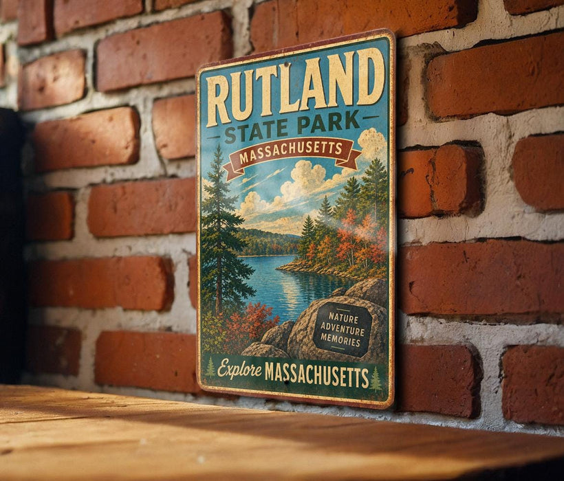 A vintage metal sign for Rutland State Park in Massachusetts, featuring a scenic landscape with pine trees, a lake, and mountains.