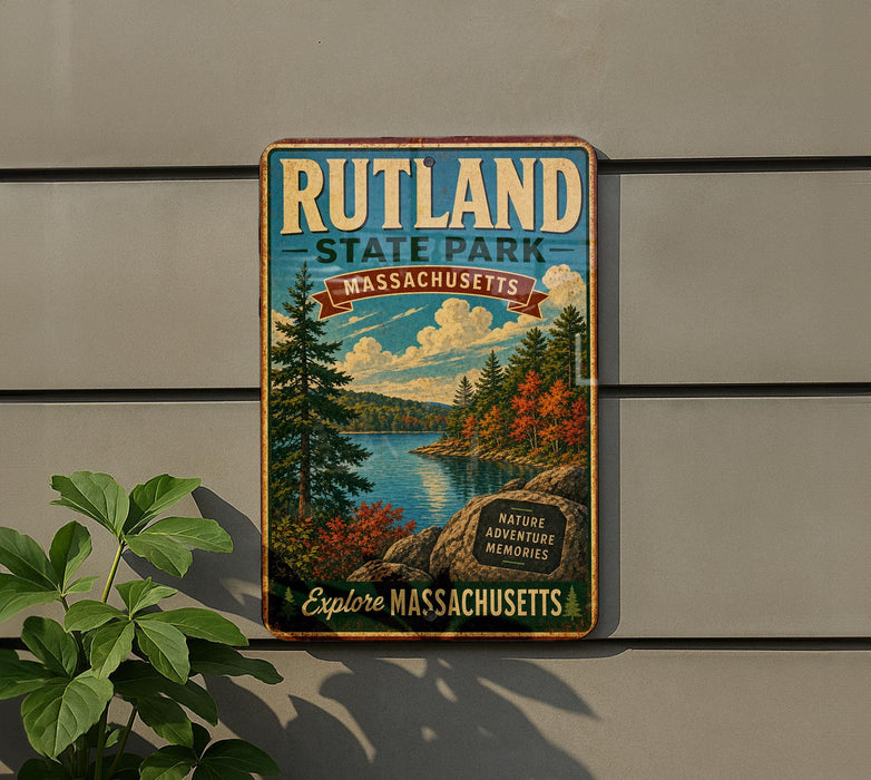 A vintage metal sign for Rutland State Park in Massachusetts, featuring a scenic landscape with pine trees, a lake, and autumn foliage.