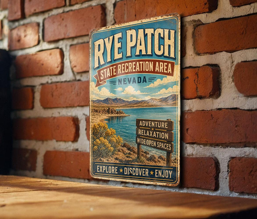 A vintage-style metal sign for Rye Patch, a State Recreation Area in Nevada, mounted on a brick wall.