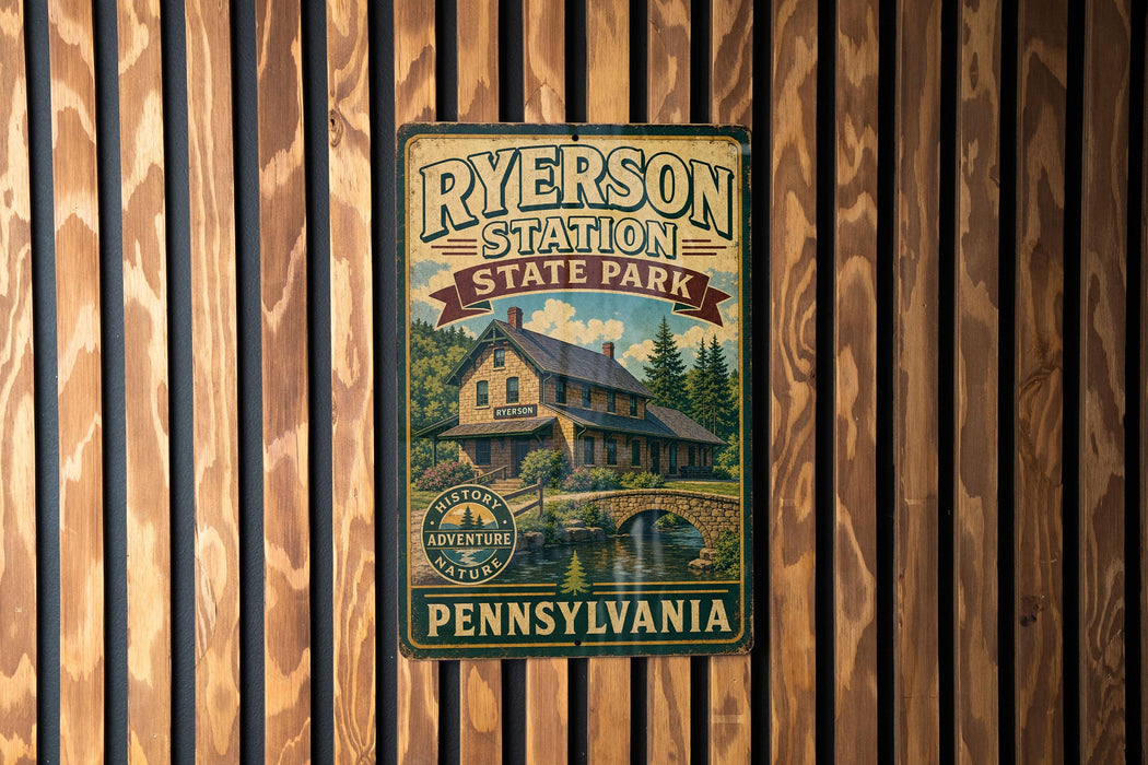 A vintage-style metal sign for Ryserson Station State Park in Pennsylvania, featuring a scenic illustration of a cabin surrounded by nature.