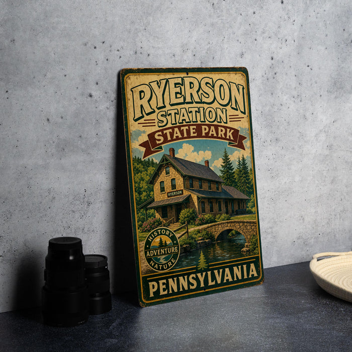 A vintage-style metal sign for Ryerson Station State Park in Pennsylvania, featuring an illustration of a cabin and a bridge.