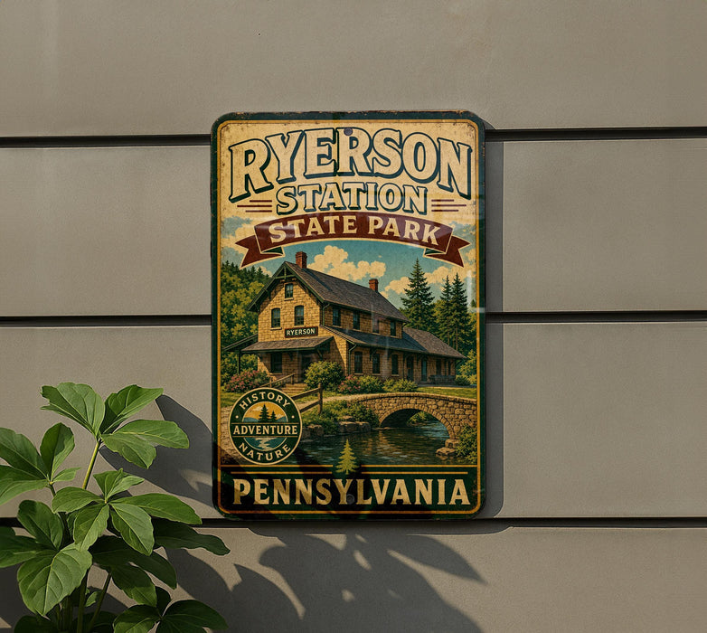 A vintage-style metal sign for Ryserson Station State Park in Pennsylvania, featuring a scenic illustration of a cabin surrounded by nature.