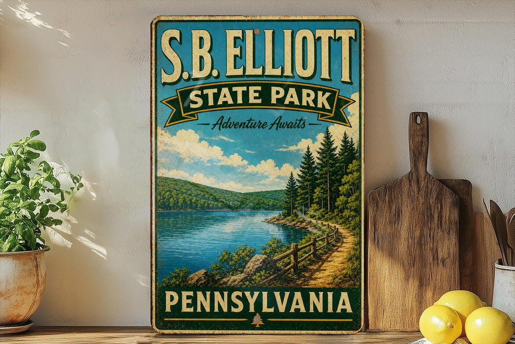 A vintage-style sign for S.B. Elliott State Park in Pennsylvania, featuring a scenic landscape with a lake and forest.