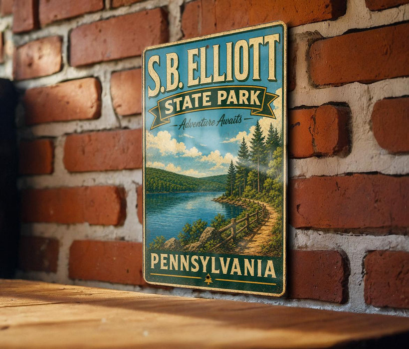 A vintage-style metal sign for S.B. Elliott State Park in Pennsylvania, featuring a scenic landscape with a lake and forest.