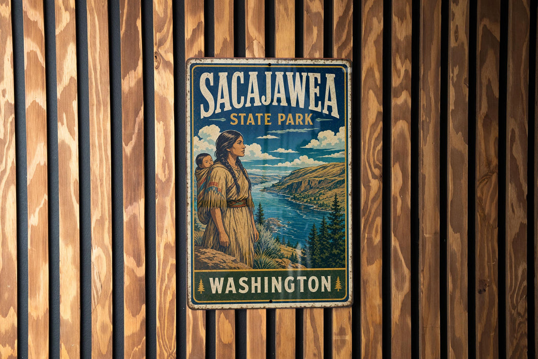 A vintage metal sign for Sacajawea State Park in Washington, featuring an illustration of a woman with a child, set against a scenic landscape.