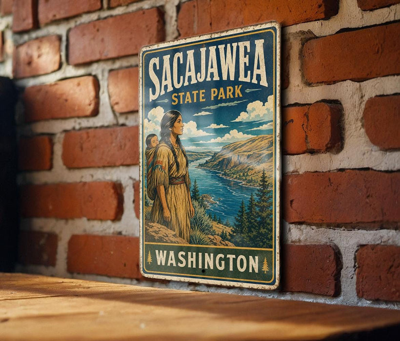 A vintage-style metal sign for Sacajawea State Park in Washington, featuring an illustration of a woman in traditional clothing and a scenic landscape.