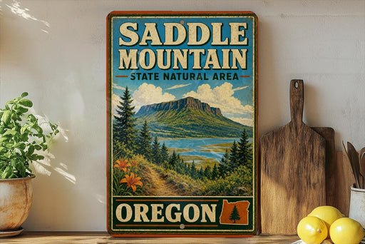 A vintage-style sign for Saddle Mountain State Natural Area in Oregon, featuring a scenic mountain landscape with a river and pine trees.