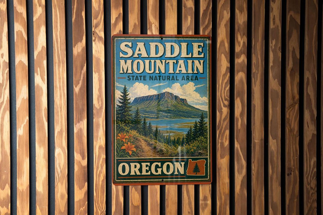 A vintage-style metal sign for Saddle Mountain, the State Natural Area in Oregon, is displayed on a wooden wall.