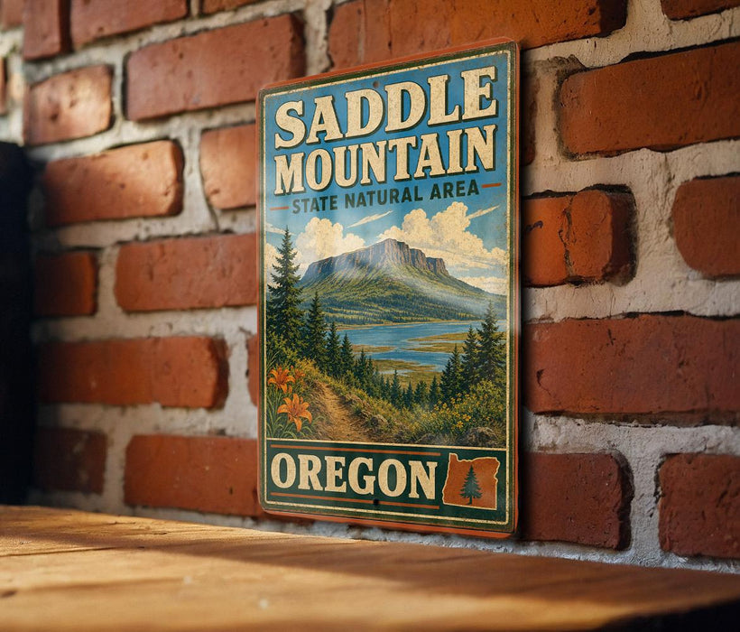 A vintage-style metal sign for the Saddle Mountain State Natural Area in Oregon, featuring a scenic mountain landscape and a river.