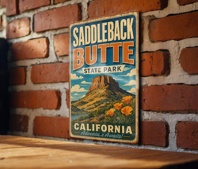 A vintage metal sign for Saddleback Butte State Park in California, featuring a mountain landscape with flowers.