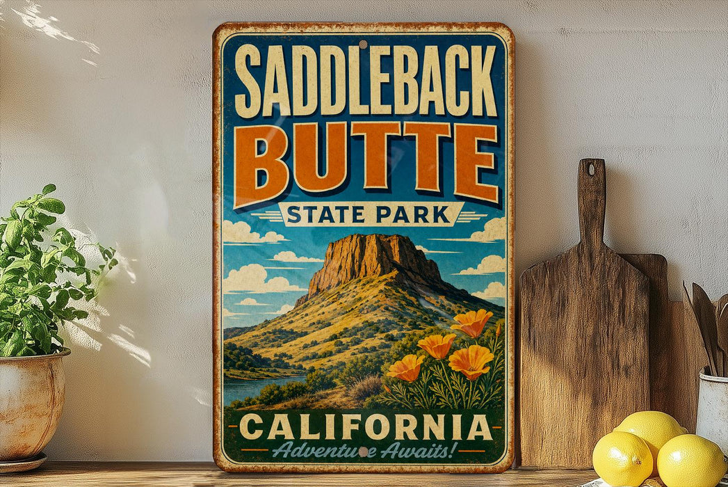 A vintage-style metal sign for Saddleback Butte State Park in California, featuring a mountain landscape and the text "Saddleback Butte State Park California Adventure Awaits!"