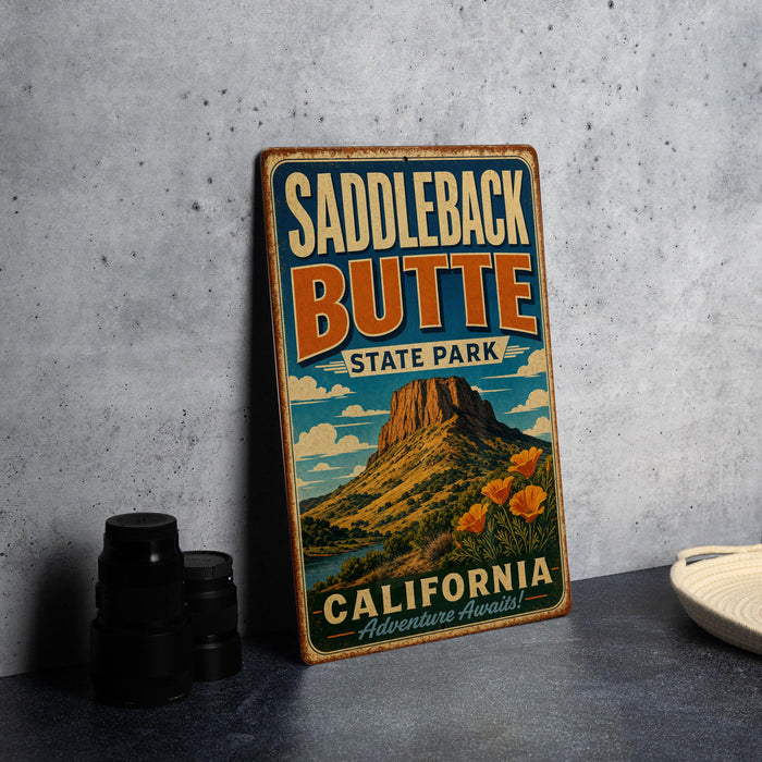 A vintage-style metal sign for Saddleback Butte State Park in California, featuring a mountain landscape and the text "California Adventure Awaits!"