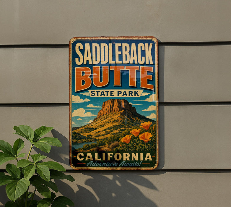 A vintage-style metal sign for Saddleback Butte State Park in California, featuring a mountain landscape with flowers.