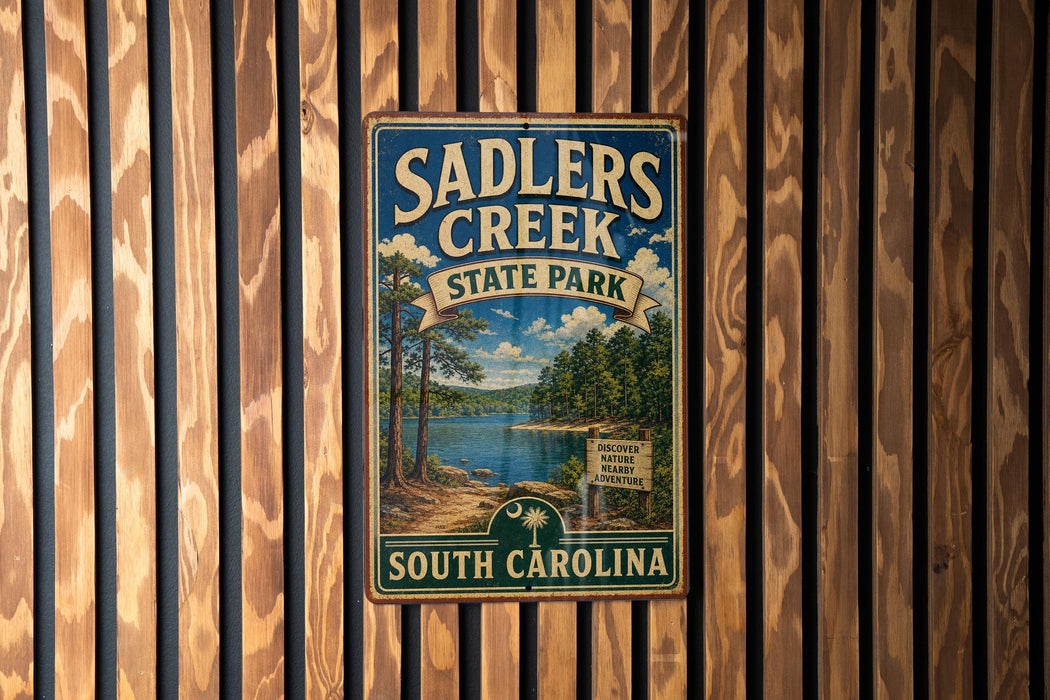 A vintage metal sign for Sadlers Creek State Park in South Carolina, featuring a scenic landscape with a lake and forest.