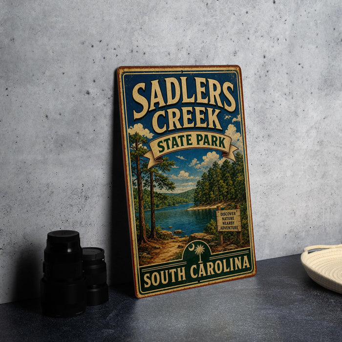 A vintage-style metal sign for Saddlers Creek State Park in South Carolina, featuring a scenic landscape with a lake and trees.