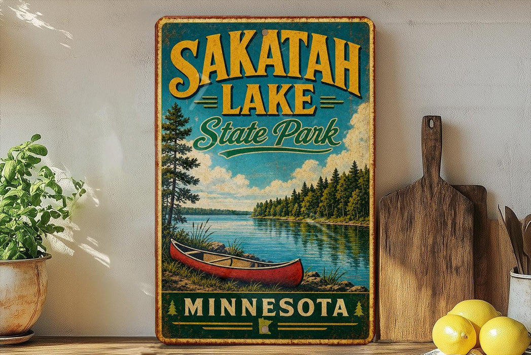 A vintage-style sign for Sakatah Lake State Park in Minnesota, featuring a red canoe on a lake surrounded by pine trees and a cloudy sky.