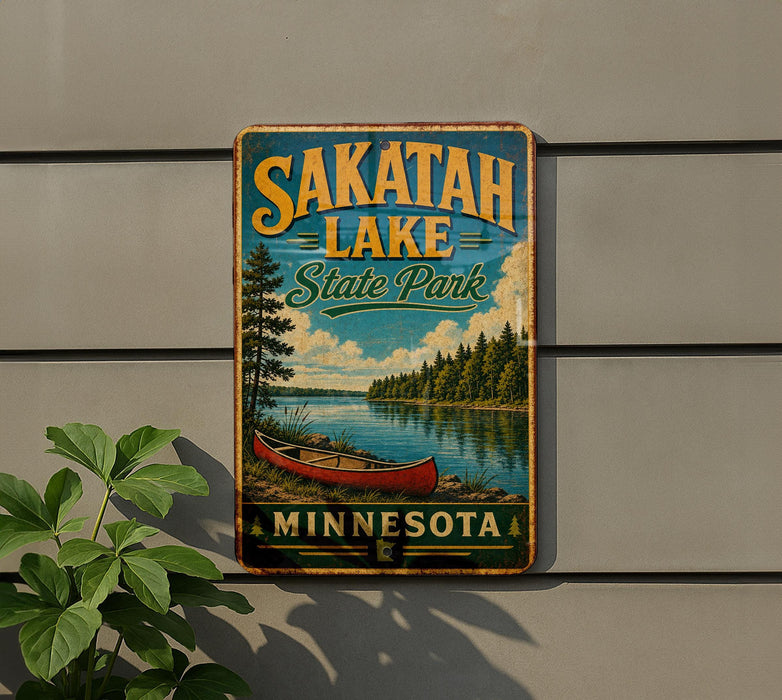 A vintage-style metal sign for Sakatah Lake State Park in Minnesota, featuring a canoe and a scenic landscape.