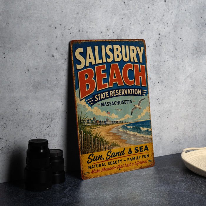 A vintage metal sign for Salisbury Beach, Massachusetts, advertising a state beach resort with a beach, sand, and sea theme.