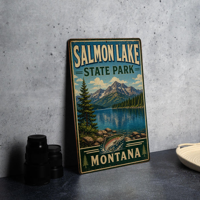 A vintage-style metal sign for Salmon Lake State Park in Montana, featuring a scenic landscape with mountains, a lake, and a fish.