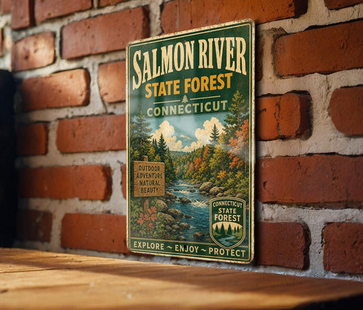 A vintage-style sign for the Salmon River State Forest in Connecticut, featuring a scenic illustration of the river surrounded by autumn foliage.