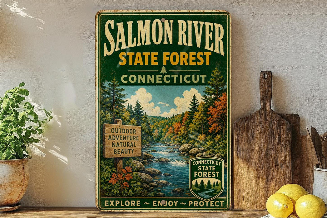 A vintage-style sign for the Salmon River State Forest in Connecticut, featuring a scenic illustration of a forest and a river.
