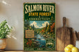 A vintage-style sign for the Salmon River State Forest in Connecticut, featuring a scenic illustration of a forest and a river.
