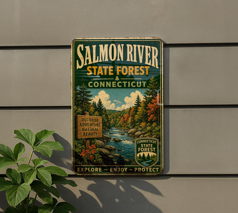 A vintage-style metal sign for the Salmon River State Forest in Connecticut, featuring a scenic illustration of the river surrounded by autumn foliage.
