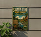 A vintage-style metal sign for the Salmon River State Forest in Connecticut, featuring a scenic illustration of the river surrounded by autumn foliage.