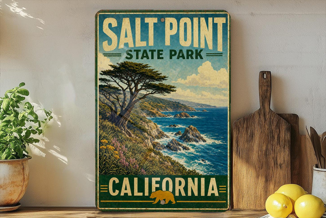 A vintage-style poster of Salt Point State Park in California, featuring a scenic coastal landscape with a pine tree, ocean, and mountains.