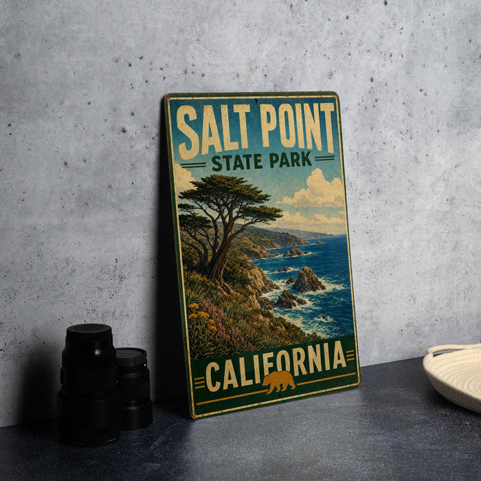 A vintage-style metal sign for Salt Point State Park in California, featuring a scenic landscape with a pine tree and ocean in the background.