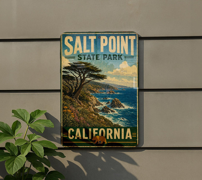 A vintage-style metal sign for Salt Point State Park in California, featuring a scenic landscape with a tree, ocean, and mountains.