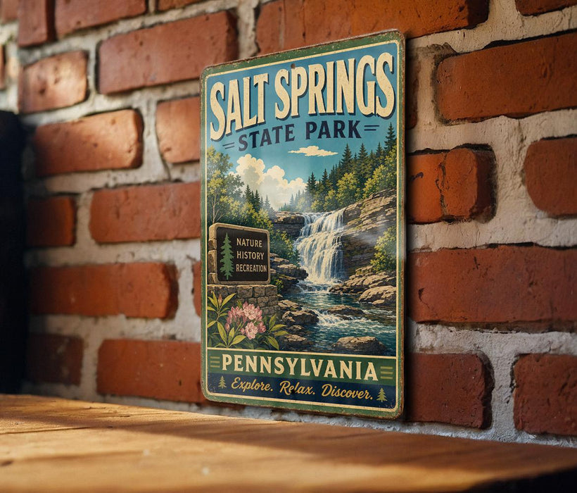 A vintage-style sign for Salt Springs State Park in Pennsylvania, featuring a scenic image of a waterfall surrounded by trees and greenery.