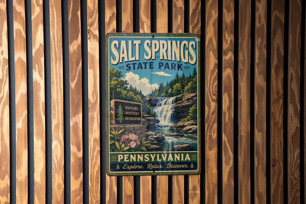 A vintage metal sign for Salt Springs State Park in Pennsylvania, featuring a waterfall and lush greenery, is displayed on a wooden wall.