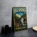 A vintage-style sign for Salt Springs State Park in Pennsylvania, featuring a waterfall and lush greenery, is displayed on a gray concrete surface.