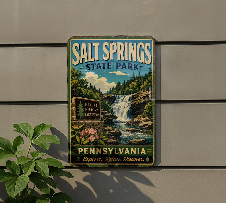 A vintage-style metal sign for Salt Springs State Park in Pennsylvania, featuring a scenic image of a waterfall surrounded by nature.